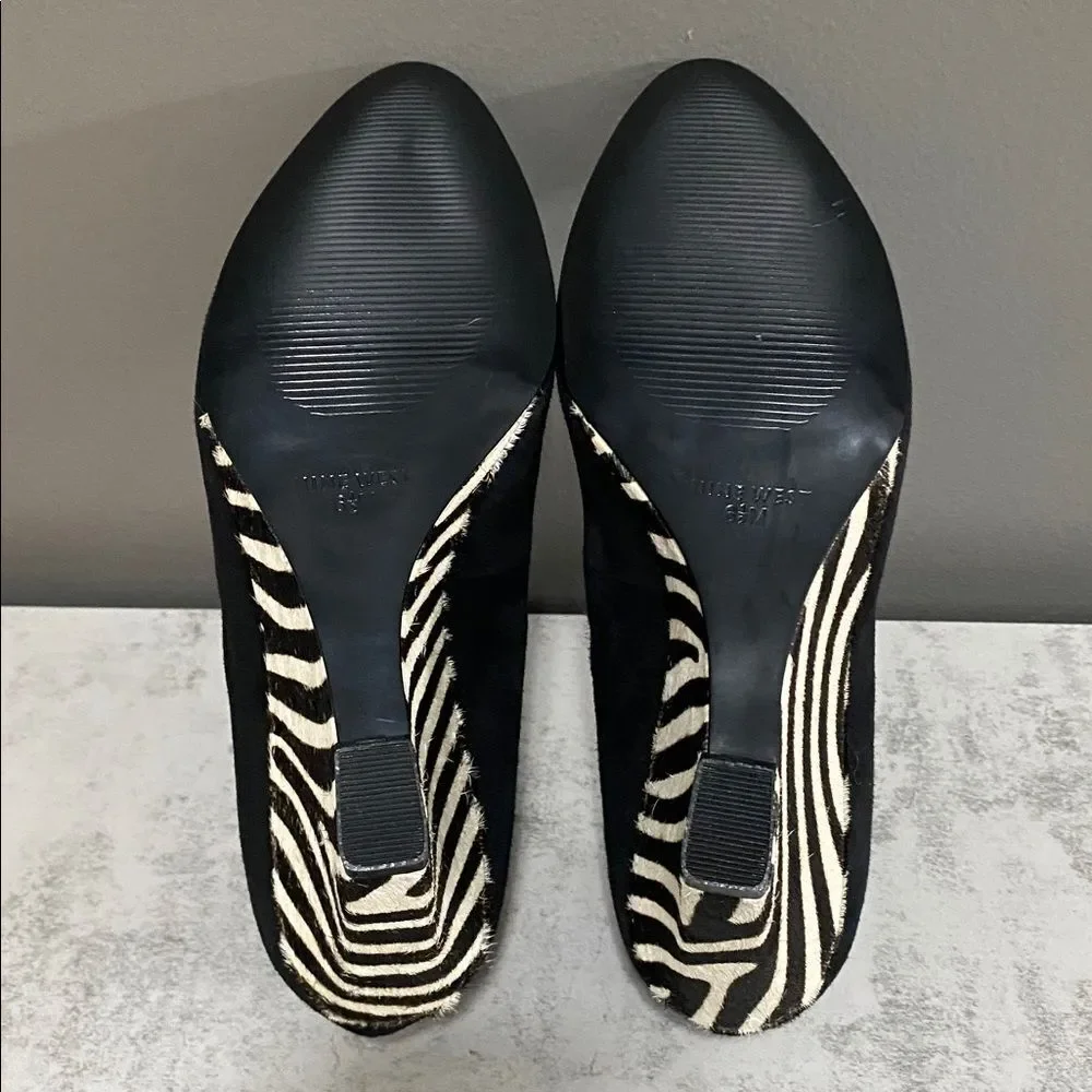 Nine West black suede wedge heels zebra print calf hair bold red lining SZ 6.5